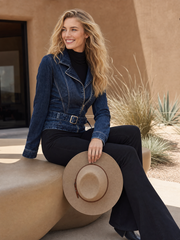 Women's Dark Denim Moto Jacket Belted Asymmetric Zip Fitted Biker Western Fall