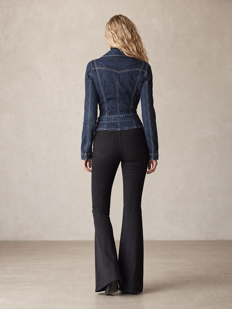 Women's Dark Denim Moto Jacket Belted Asymmetric Zip Fitted Biker Western Fall