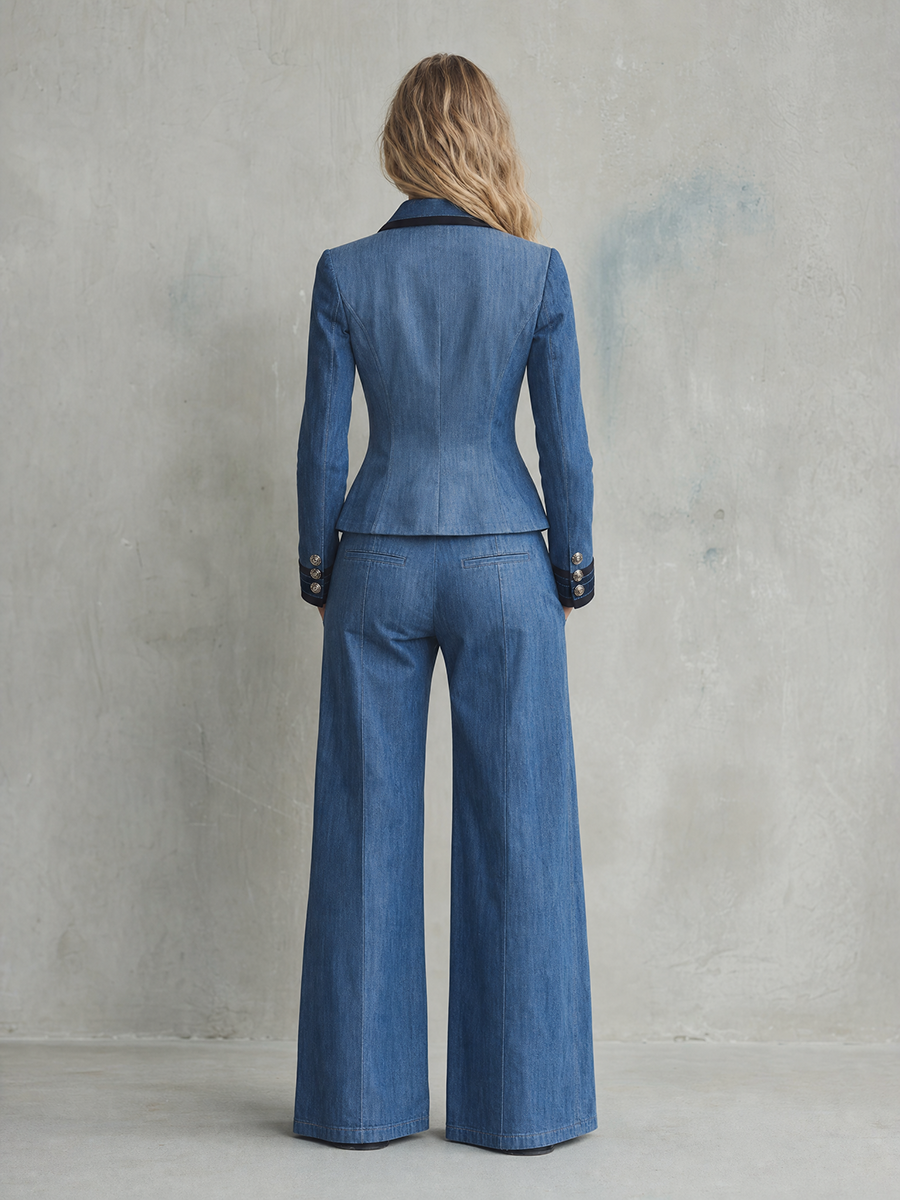Women's Denim Blazer Double Breasted Gold Buttons Contrast Trim Fitted Suit Jacket