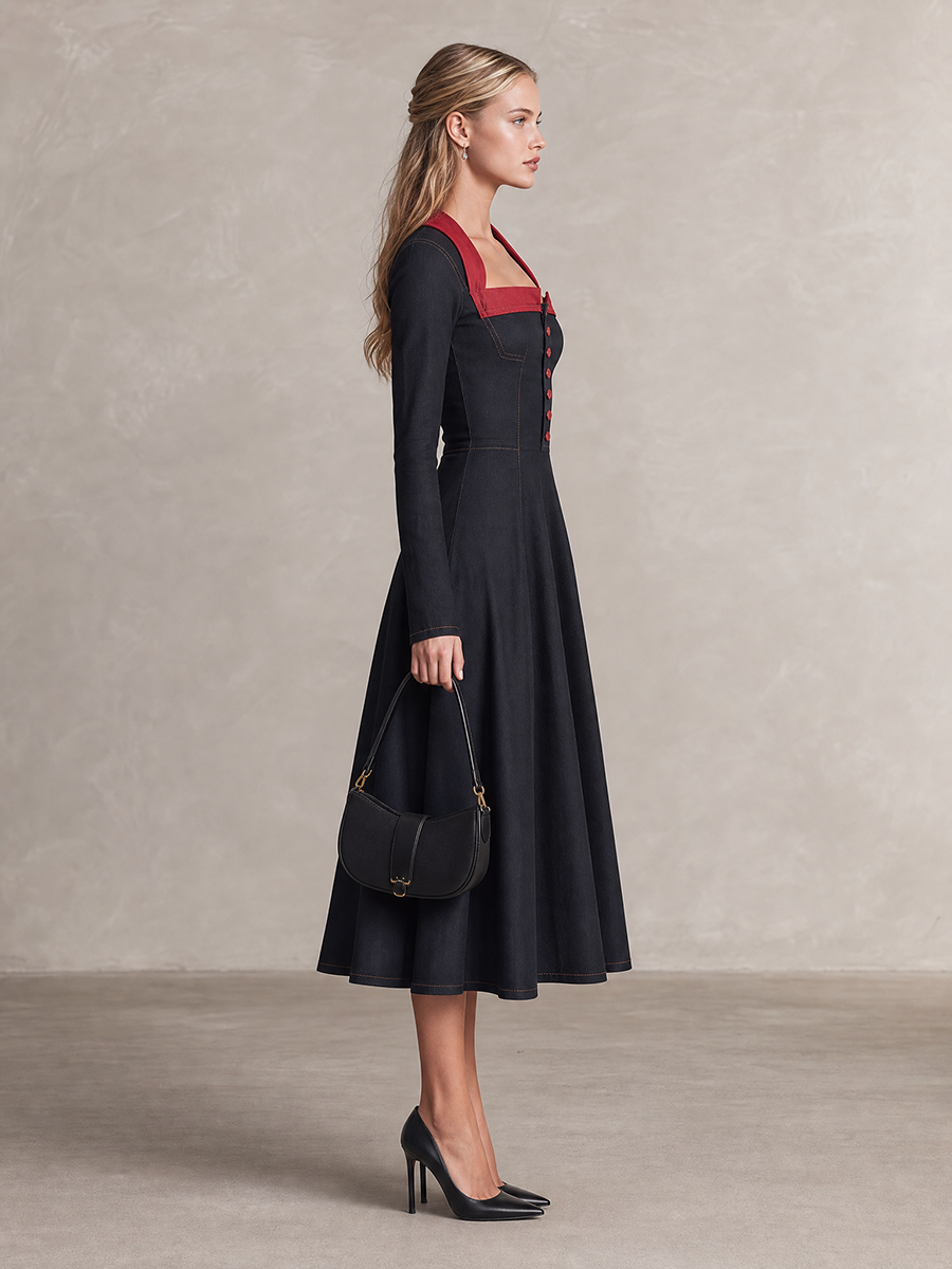 Women's Black Denim Midi Dress Square Neck Long Sleeve Button Fit Flare