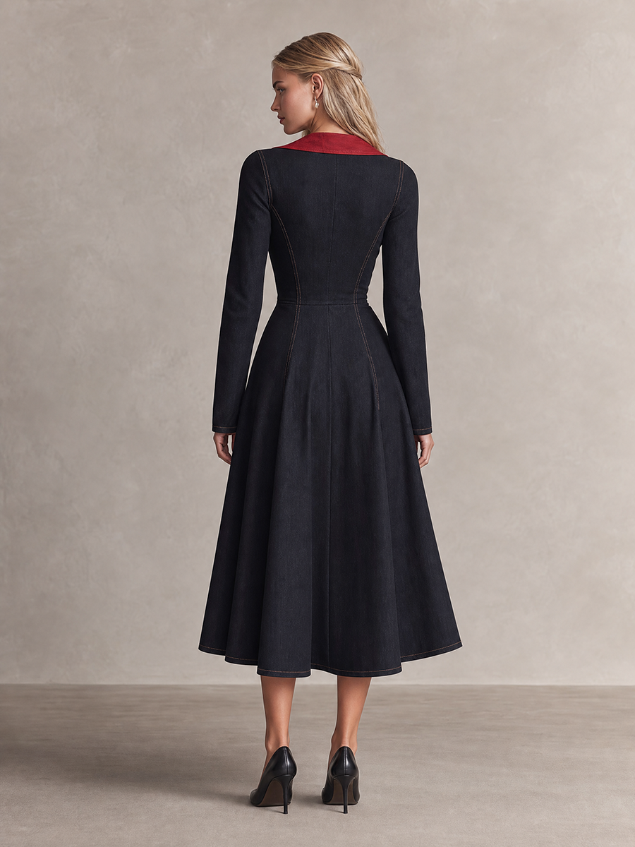 Women's Black Denim Midi Dress Square Neck Long Sleeve Button Fit Flare