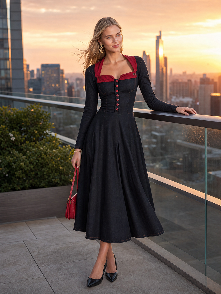 Women's Black Denim Midi Dress Square Neck Long Sleeve Button Fit Flare