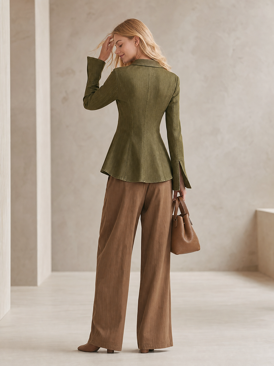 Women's Olive Denim Blazer Fitted Double Breasted Bell Cuff Peplum Safari Fall