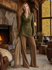 Women's Olive Denim Blazer Fitted Double Breasted Bell Cuff Peplum Safari Fall