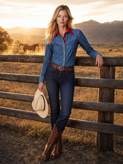 Women's Western Denim Shirt Contrast Red Collar Piping Fitted Snap Button