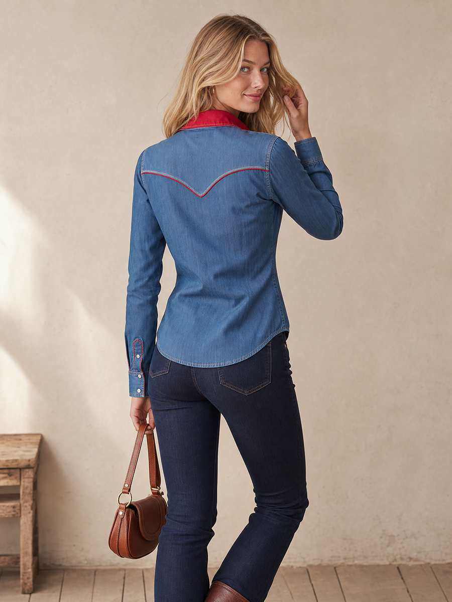 Women's Western Denim Shirt Contrast Red Collar Piping Fitted Snap Button