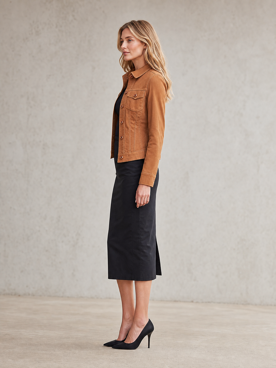Women's Tan Denim Jacket Fitted Stand Collar Chest Pockets Contrast Snap Buttons