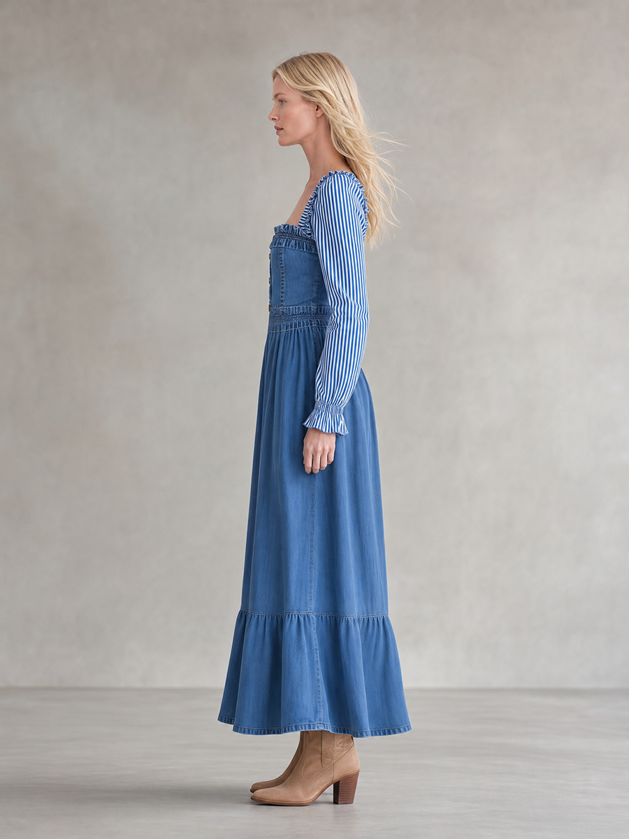 Women's Denim Maxi Dress Square Neck Smocked Striped Sleeve Tiered Prairie Fall