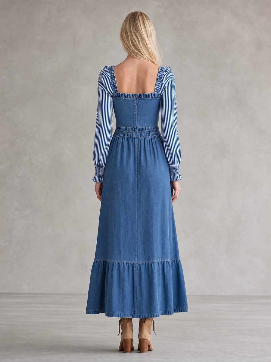 Women's Denim Maxi Dress Square Neck Smocked Striped Sleeve Tiered Prairie Fall