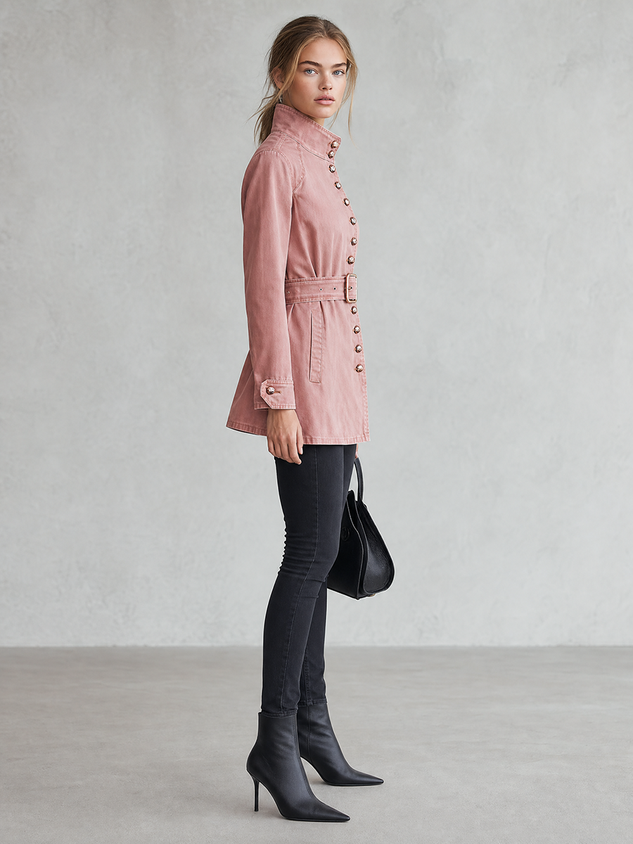 Women's Pink Belted Denim Jacket Stand Collar Fitted Western Coat