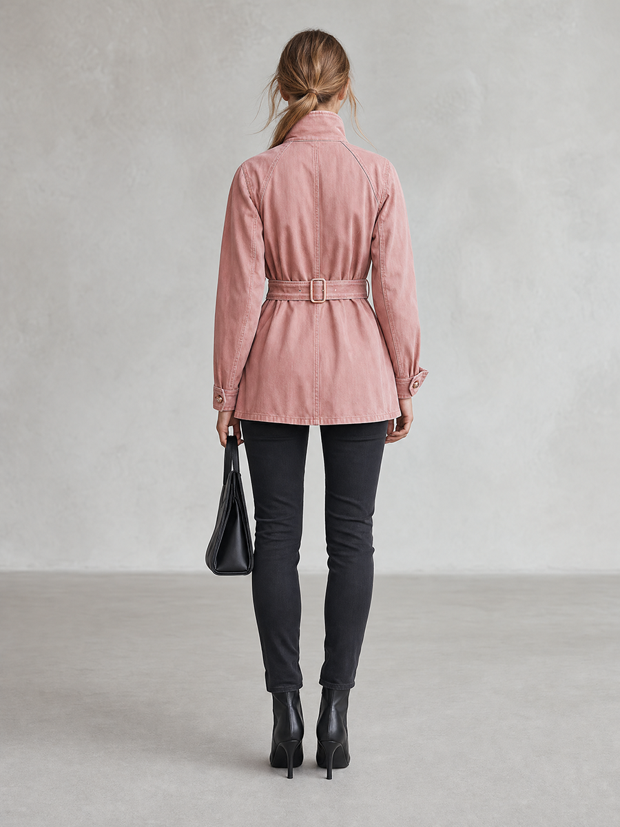 Women's Pink Belted Denim Jacket Stand Collar Fitted Western Coat