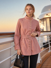 Women's Pink Belted Denim Jacket Stand Collar Fitted Western Coat