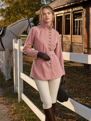 Women's Pink Belted Denim Jacket Stand Collar Fitted Western Coat