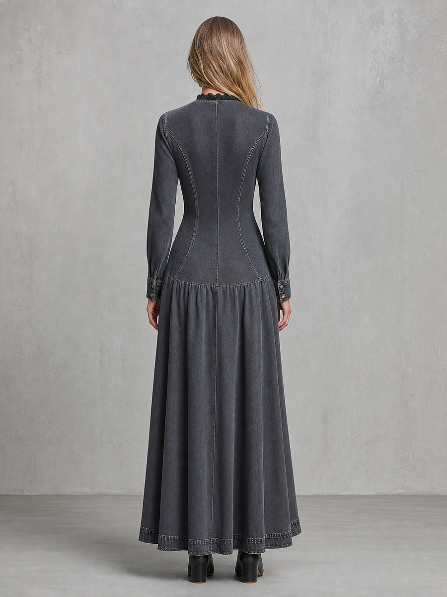 Women's Grey Denim Maxi Dress Lace V-Neck Fitted Western Gown