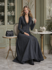 Women's Grey Denim Maxi Dress Lace V-Neck Fitted Western Gown