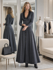Women's Grey Denim Maxi Dress Lace V-Neck Fitted Western Gown