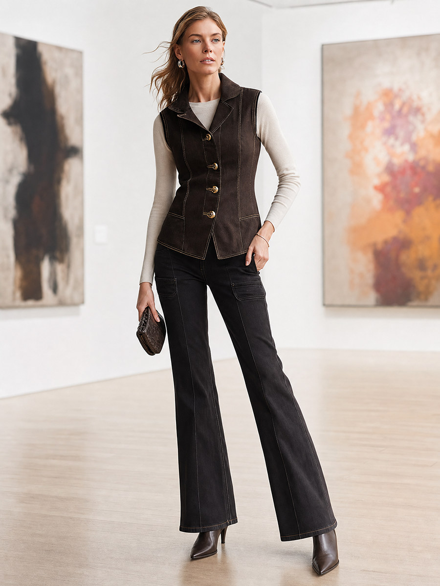 Women's Brown Denim Vest Fitted Lapel Button-Front Western Waistcoat