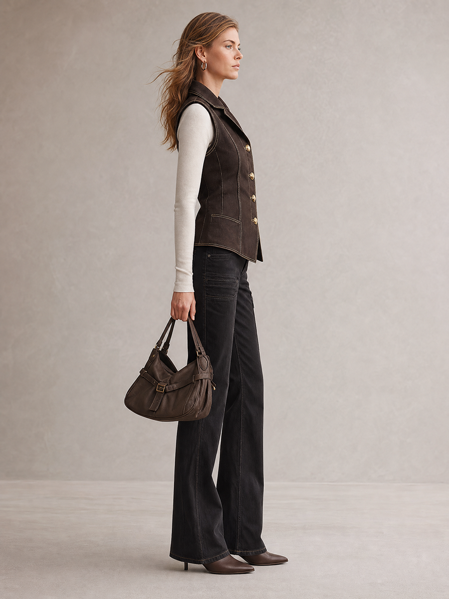 Women's Brown Denim Vest Fitted Lapel Button-Front Western Waistcoat