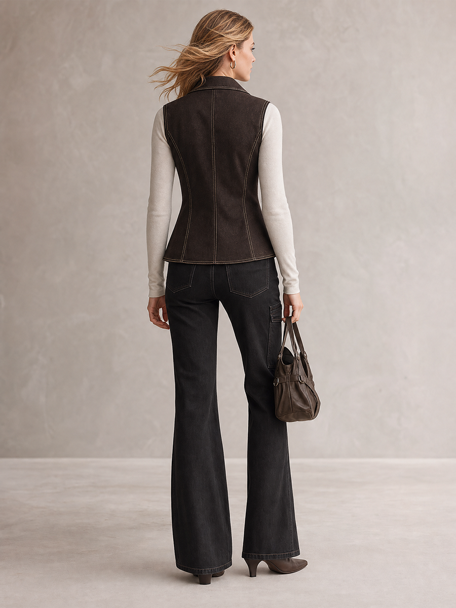 Women's Brown Denim Vest Fitted Lapel Button-Front Western Waistcoat