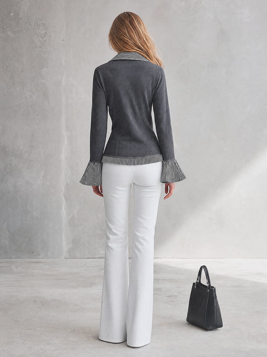 Women's Grey Denim Top Striped Flare Cuff Fitted Half-Placket Blouse