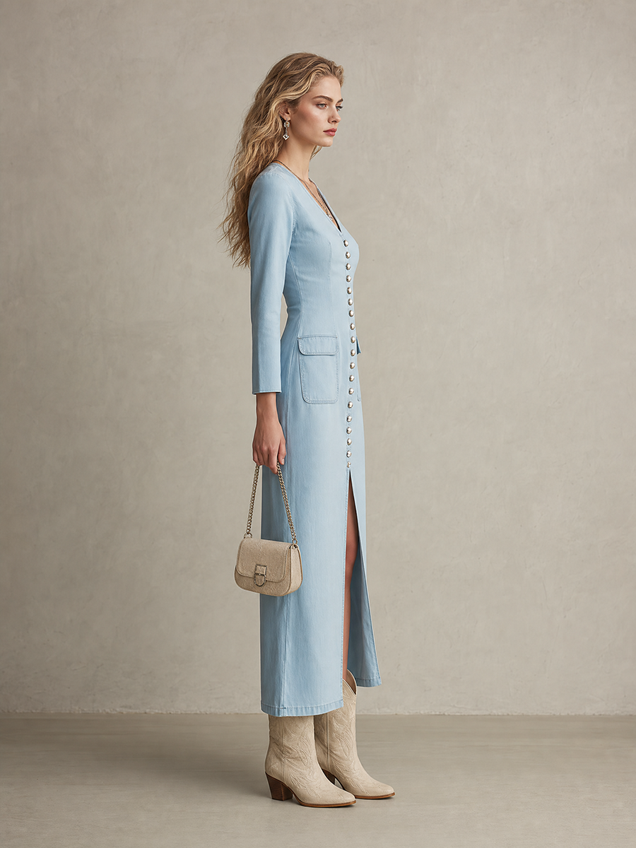 Women's Light Blue Denim Midi Dress V-Neck Button Front Slit