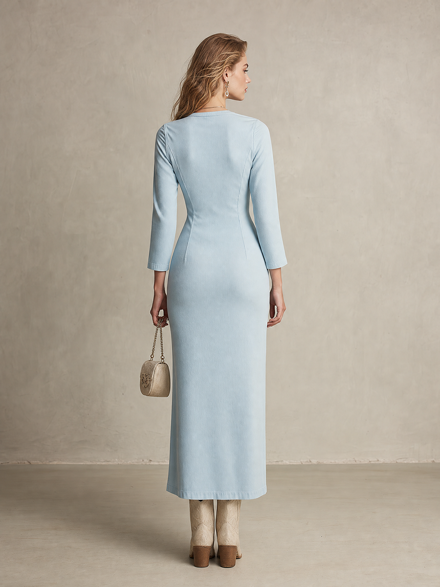 Women's Light Blue Denim Midi Dress V-Neck Button Front Slit