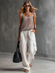 Vacation Retro Gray Mesh Knit Vest And White Cotton Linen Work Pants Set