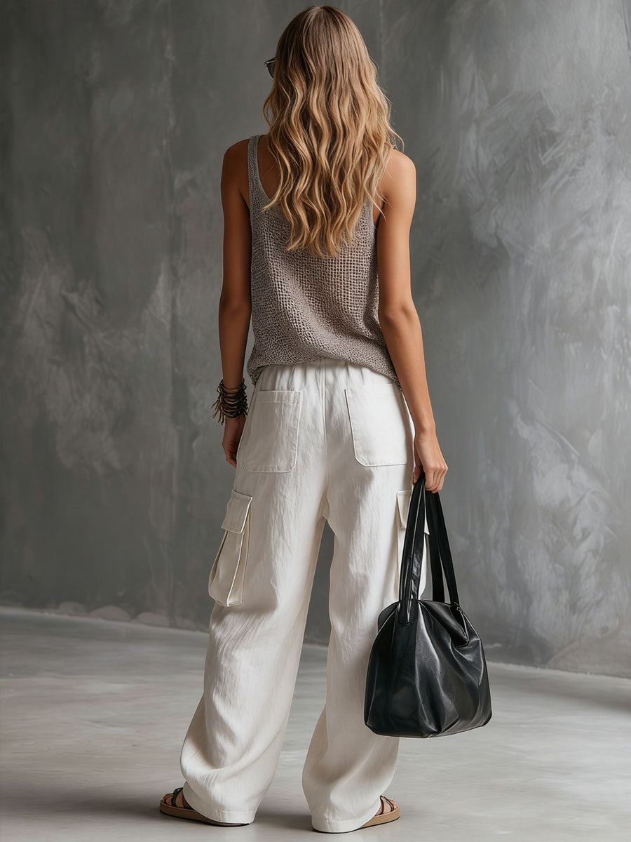 Vacation Retro Gray Mesh Knit Vest And White Cotton Linen Work Pants Set