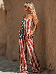 Retro-style Flag Print Cotton Linen Sleeveless Jumpsuit