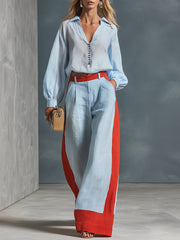 Stylish Casual Blue Striped Shirt And Color-Block Wide-Leg Pants Cotton-Linen Set