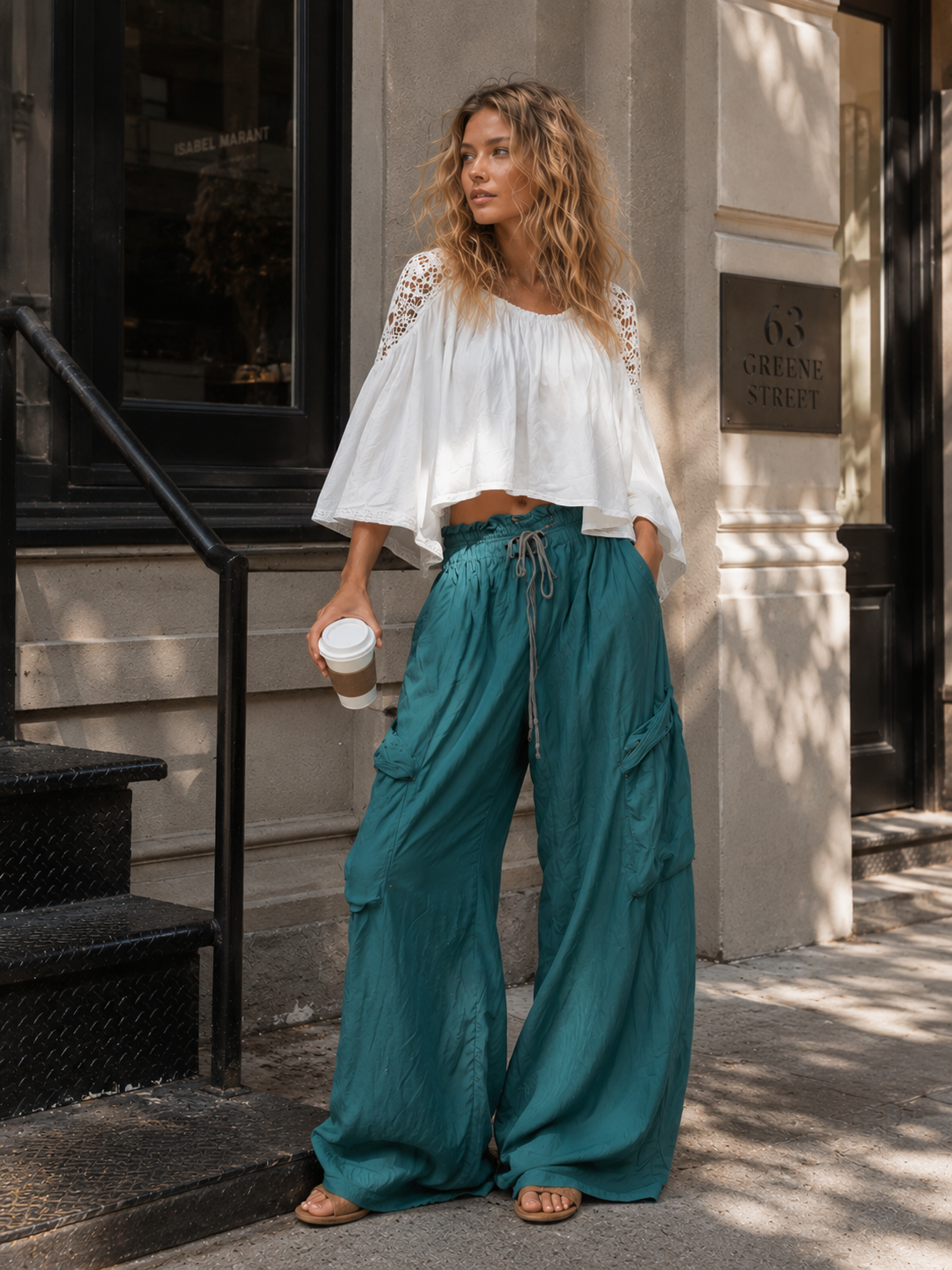 Vintage-style Boho Teal Utility Cotton-linen Trousers