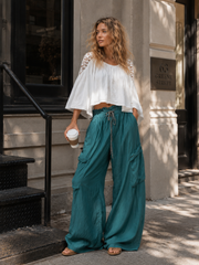 Vintage-style Boho Teal Utility Cotton-linen Trousers