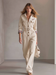 Women's Denim Utility Jumpsuit Long Sleeve Wide Leg Belted Button Front