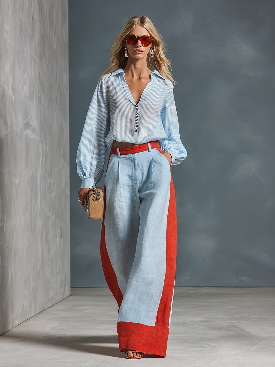 Stylish Casual Blue Color-Block Wide-Leg Cotton-Linen Pants