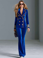 Royal Blue Velvet High-Waist Gold-Button Flare Bootcut Party Pants Women
