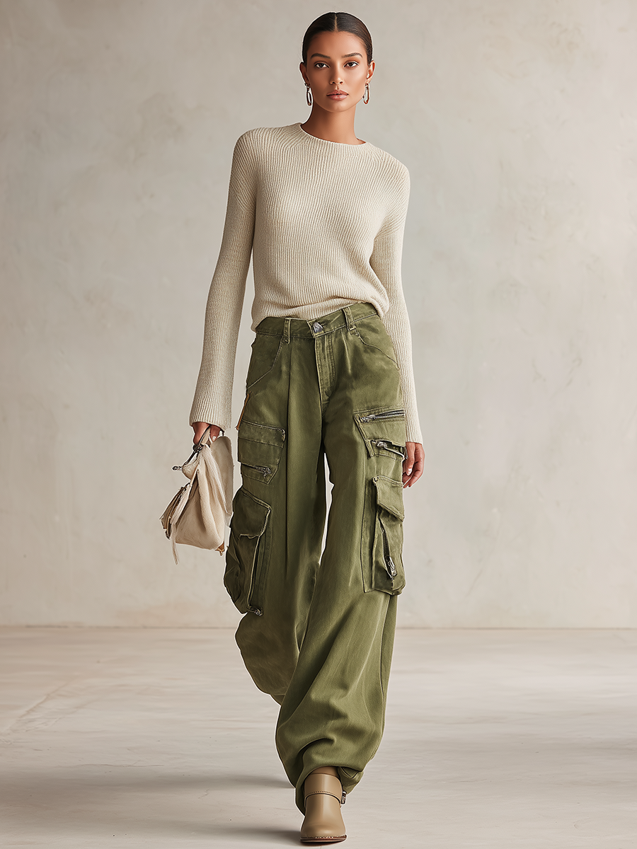 Women's Olive Green Wide Leg Cargo Pants High Waist Multi Pocket Baggy