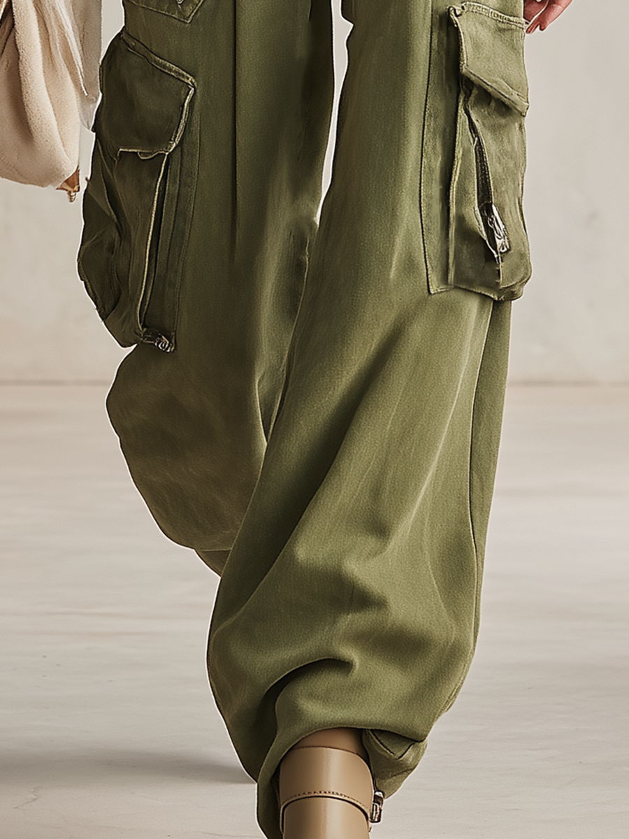 Women's Olive Green Wide Leg Cargo Pants High Waist Multi Pocket Baggy