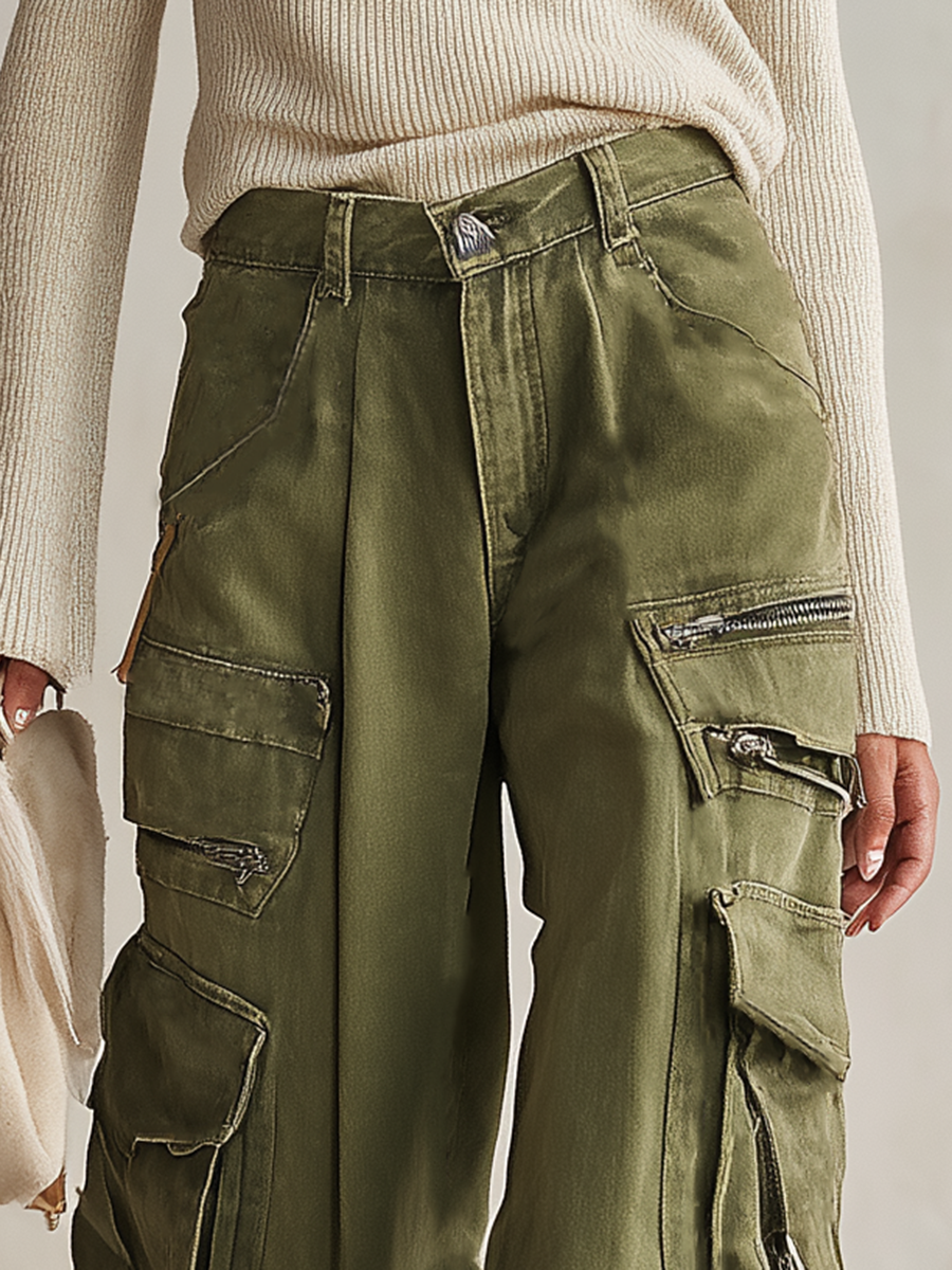 Women's Olive Green Wide Leg Cargo Pants High Waist Multi Pocket Baggy