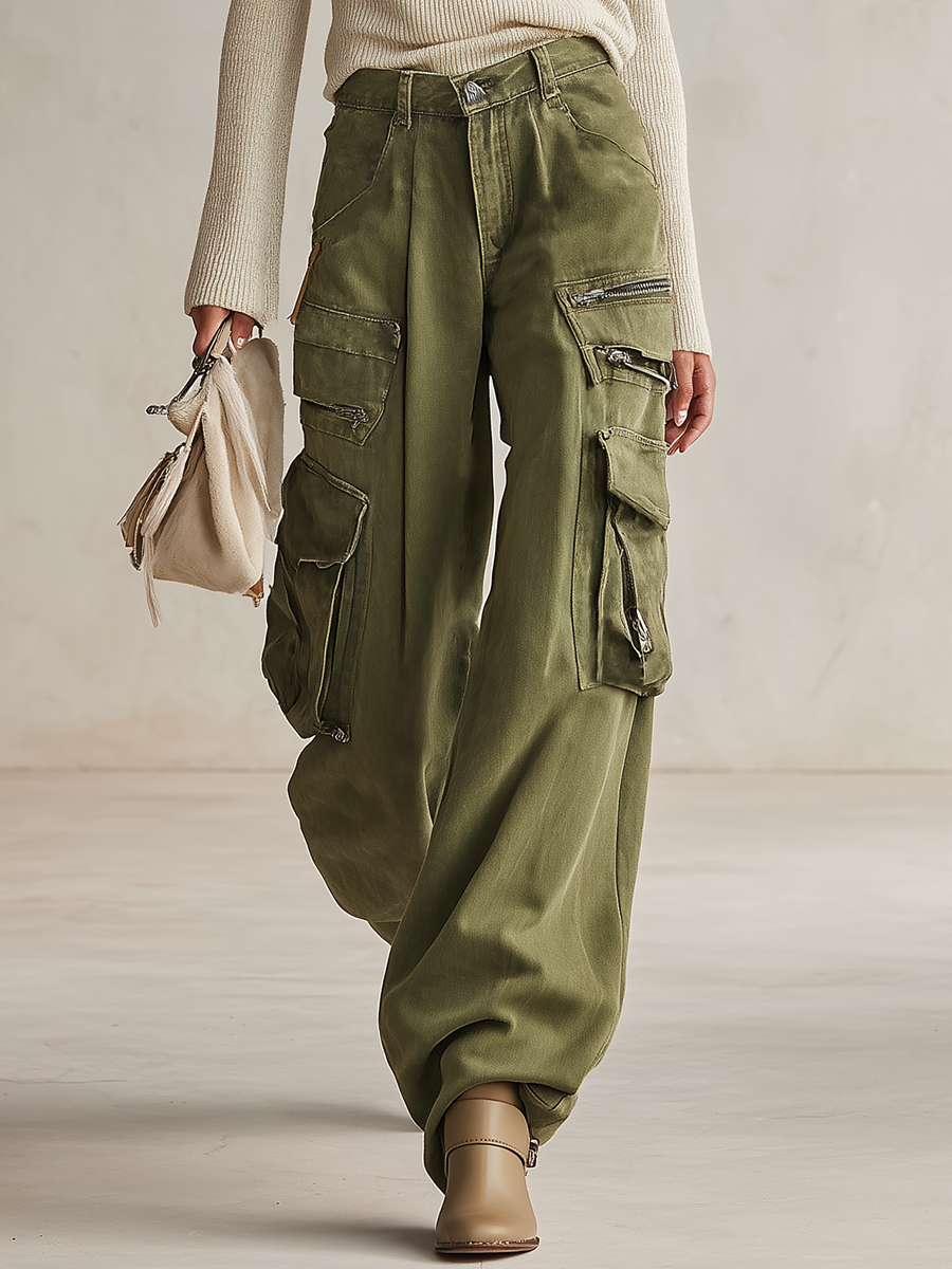 Women's Olive Green Wide Leg Cargo Pants High Waist Multi Pocket Baggy
