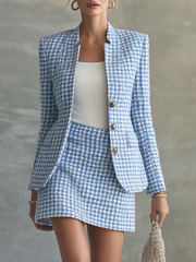 Retro-chic Blue And White Houndstooth Skirt Set