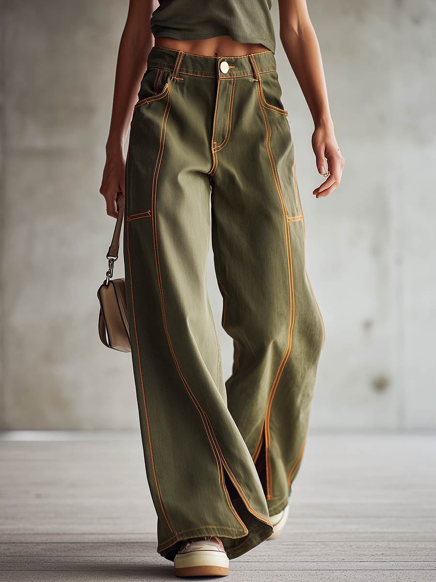 Women's Olive Green Wide Leg Baggy Jeans High Waisted Contrast Stitch Cargo