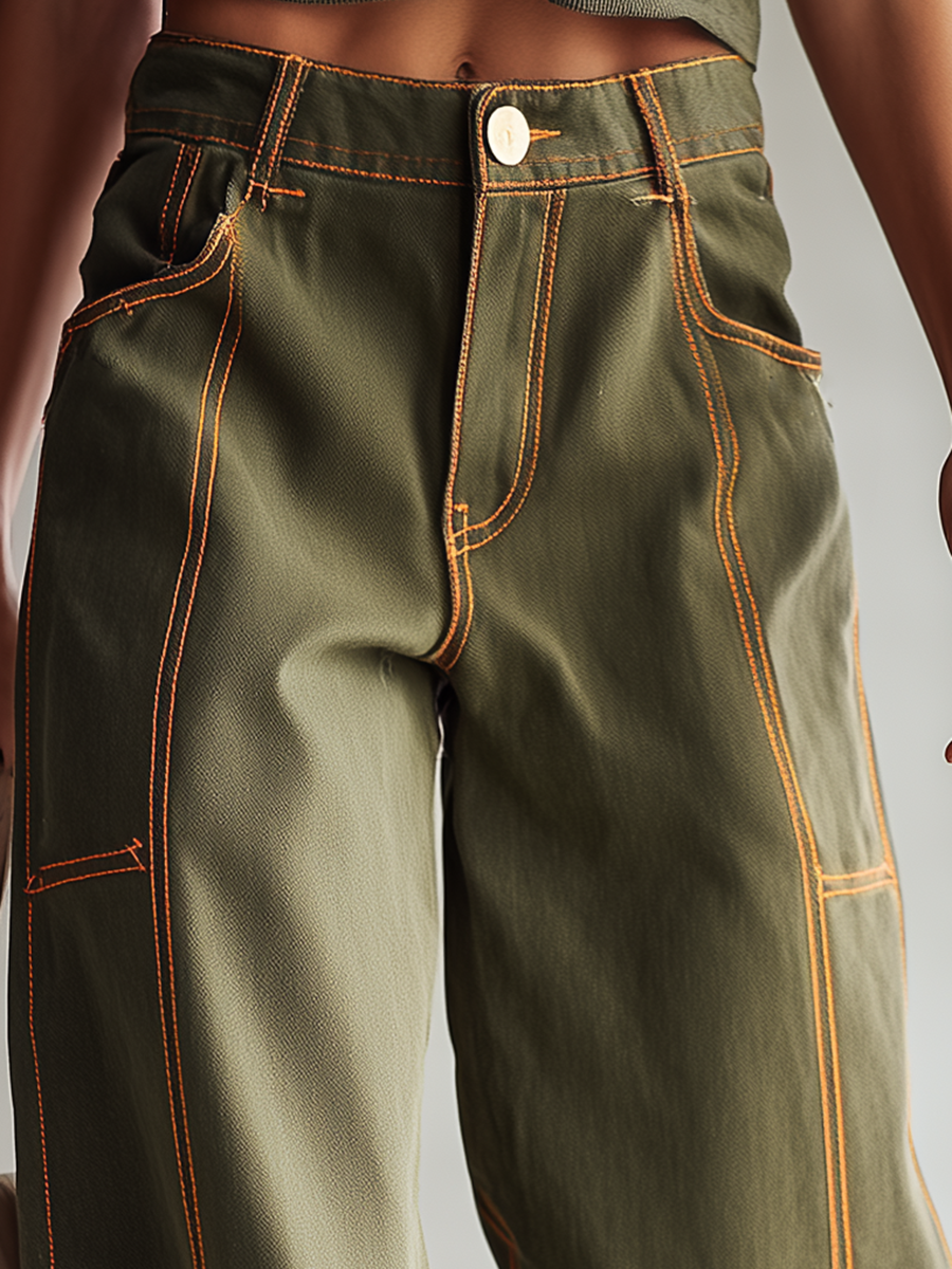 Women's Olive Green Wide Leg Baggy Jeans High Waisted Contrast Stitch Cargo