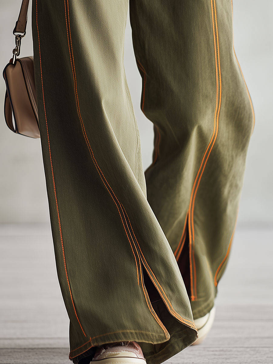 Women's Olive Green Wide Leg Baggy Jeans High Waisted Contrast Stitch Cargo
