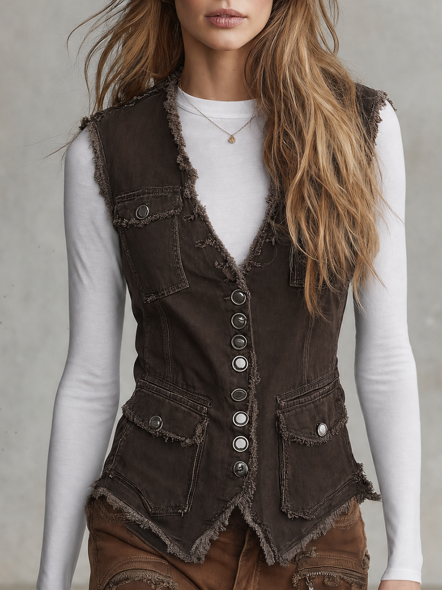 Women's Fitted Brown Denim Vest Western Frayed Raw Hem Button-Front Waistcoat
