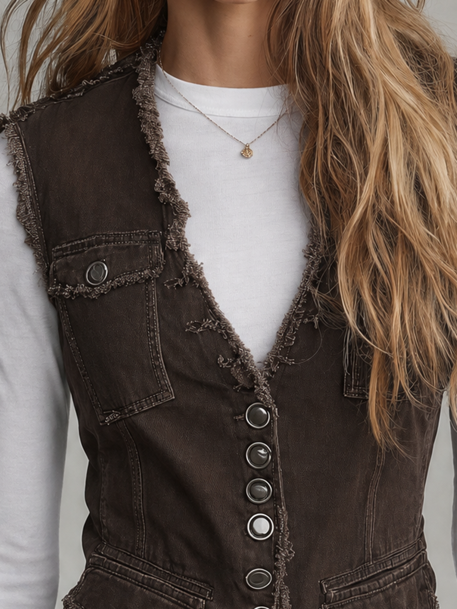 Women's Fitted Brown Denim Vest Western Frayed Raw Hem Button-Front Waistcoat