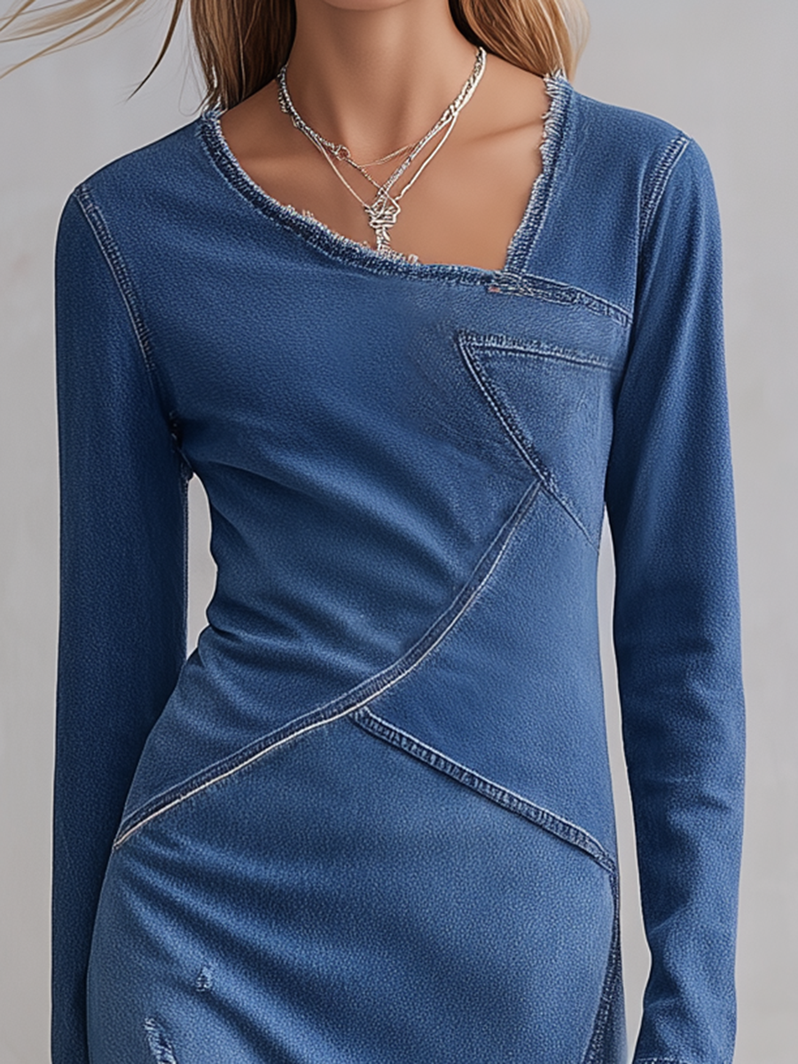 Women's Denim Midi Dress Square Neck Long Sleeve Fitted Frayed Slit