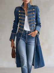 Vintage Washed Denim Military Officer Longline Gold-Button Fitted Statement Coat Women