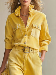 Retro Yellow Corduroy Ruffle-Collar Shirt Belted Wide-Leg Pants Two-Piece Set