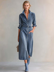 Washed Denim Collared Long-Sleeve Belted Button-Front Fitted Western Shirt Midi Dress