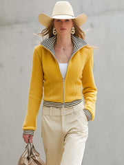 Retro Yellow Fleece Stand-Collar Double-Zip Striped-Trim Fitted Cropped Jacket Women